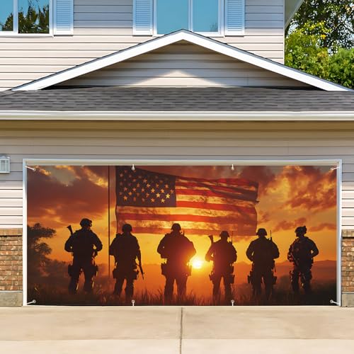 Image of 13x6 ft Patriotic Silhouette Garage Door Banner - Saluting Figures with American Flag Backdrop, Hanging Garage Decorations - for Memorial Day Veterans Day Tribute, Military Honor Outdoor Wall Sign