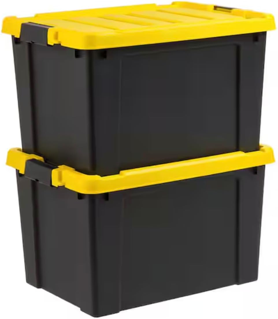 Set of 2 Black with Yellow Lid 20 Gallon Storage Totes EM29869
