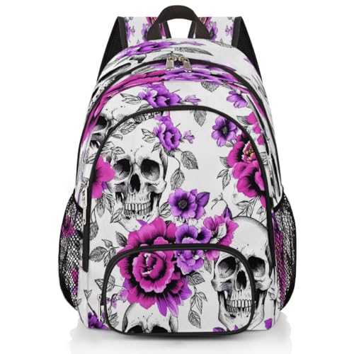 School Backpack for Boys Girls, Floral Skull Elementary School Bags Flowers Skull Lightweight Bookbag Laptop Backpack Casual Daypack Rucksack for Kids Teens