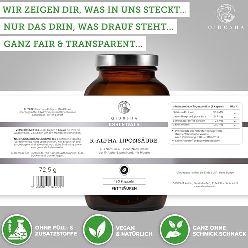 QIDOSHA® R-Alpha-Liponsäure, TESTSIEGER 07/23*, R-Alpha-Liponsäure Kapseln hochdosiert aus Na-R-Lipoat & Piperin als Bioenhancer, 180 Stk/Glas, erhöhte Bioverfügbarkeit dank Natrium-R-Lipoat