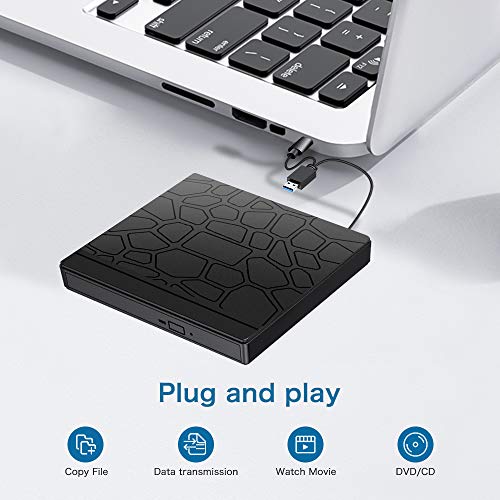 External CD DVD Drive, USB 3.0 Type-C Portable CD/DVD ROM +/-RW Drive/DVD Player Rewriter Burner with 2 USB, SD/TF Port, Micro USB, Compatible with Laptop Desktop PC Windows7/8/10 Linux OS Apple Mac