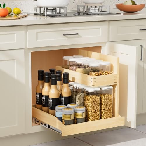 LOVMOR Soft Close Under Sink Organizer 22½” W x 21” D, Pull Out Cabinet Organizer with U Bracket, 2 Tier Slide Out Shelf for Kitchen Bathroom Sink(Right)
