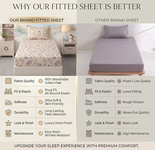 Image of BSB HOME 220 TC Cotton Fitted Single Bedsheet with 1 Pillow Cover, Soft Breathable, Elastic Fit, Fade Resistant, Easy Care - 36 x 72 + 6 Inches (Ivory Blossom Multi)