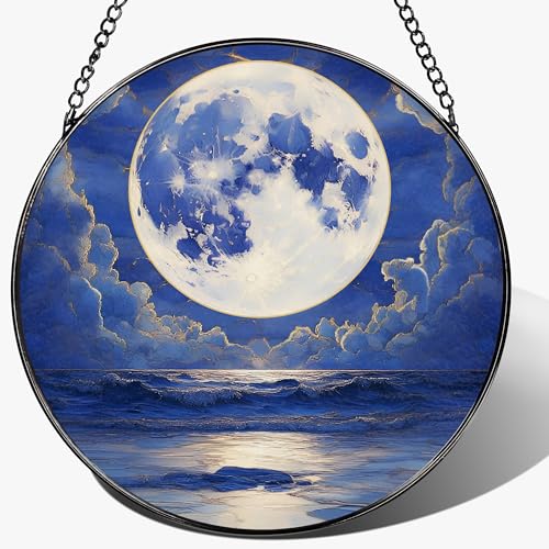 LAOWEIKI 8'' Full Moon Over Ocean Sun Catcher Ornament, Stained Glass Window Hanging, Suncatchers for Windows Hanging Ornaments, Window Decor | Ideal Gift, Mother's Day, Christmas, Birthday Gifts