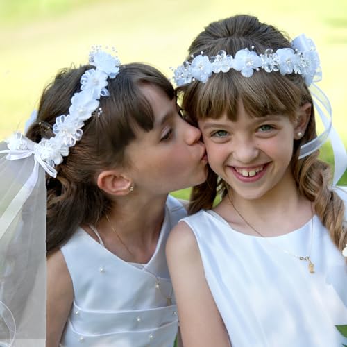 Degpum First Communion Veil for Girls, Flower Crown Girls First Communion White Floral Wreath Lace Veil, First Holy Communion Veil for Girls4