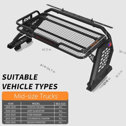 Image of Sport Roll Bar Compatible with Mid Size Pickup Truck for Tacoma, Ranger, Canyon, Frontier | Quick Installation no Drilling Required | Light Mount | with Cargo Basket