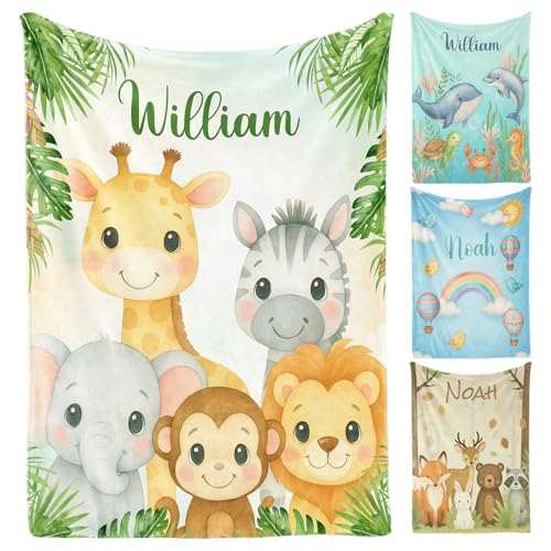Image of Personalized Woodland Baby Blanket with Name, Custom Name Blanket for Boy, Printed in USA, Super Soft Blankets for Newborn, Customized Gifts for Baby Shower Birthday Christmas
