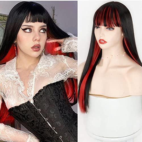 Image of Swiking Black and Red Long Straight Wigs with Bangs for Women Two Tone Heat Resistant Synthetic Wig for Daily Cosplay Halloween Party Use