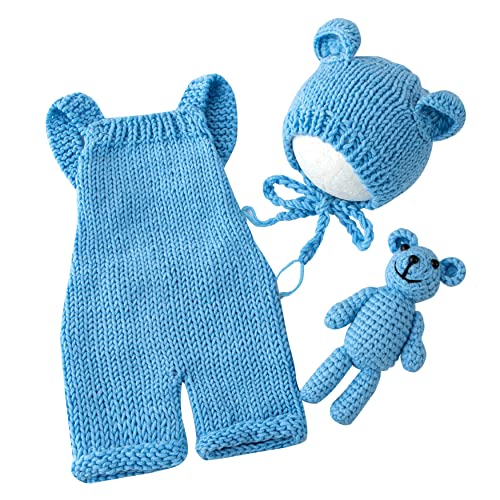 Image of Vemonllas Newborn Photography Props Boys Girls Outfits Baby Photo Props Knit Bear Hat Romper Photoshoot Costume Set
