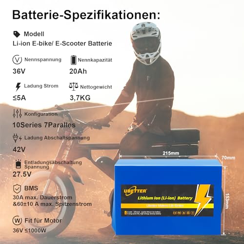 UBETTER 36V/48V Ebike Escooter Batterie, Elektrofahrrad-Akku 14AH für 0-1400W Motor mit 2A Ladegerät Kit
UBETTER 36V/48V