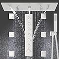 Brushed Nickel Mist Multi Functions Shower System - 14.96 x 27.56inch Rainfall Shower Faucet Set Complete Includes 6 Way Thermostatic Shower Valve+4 Functions Rain Shower Head+6pcs Body Jet Spray