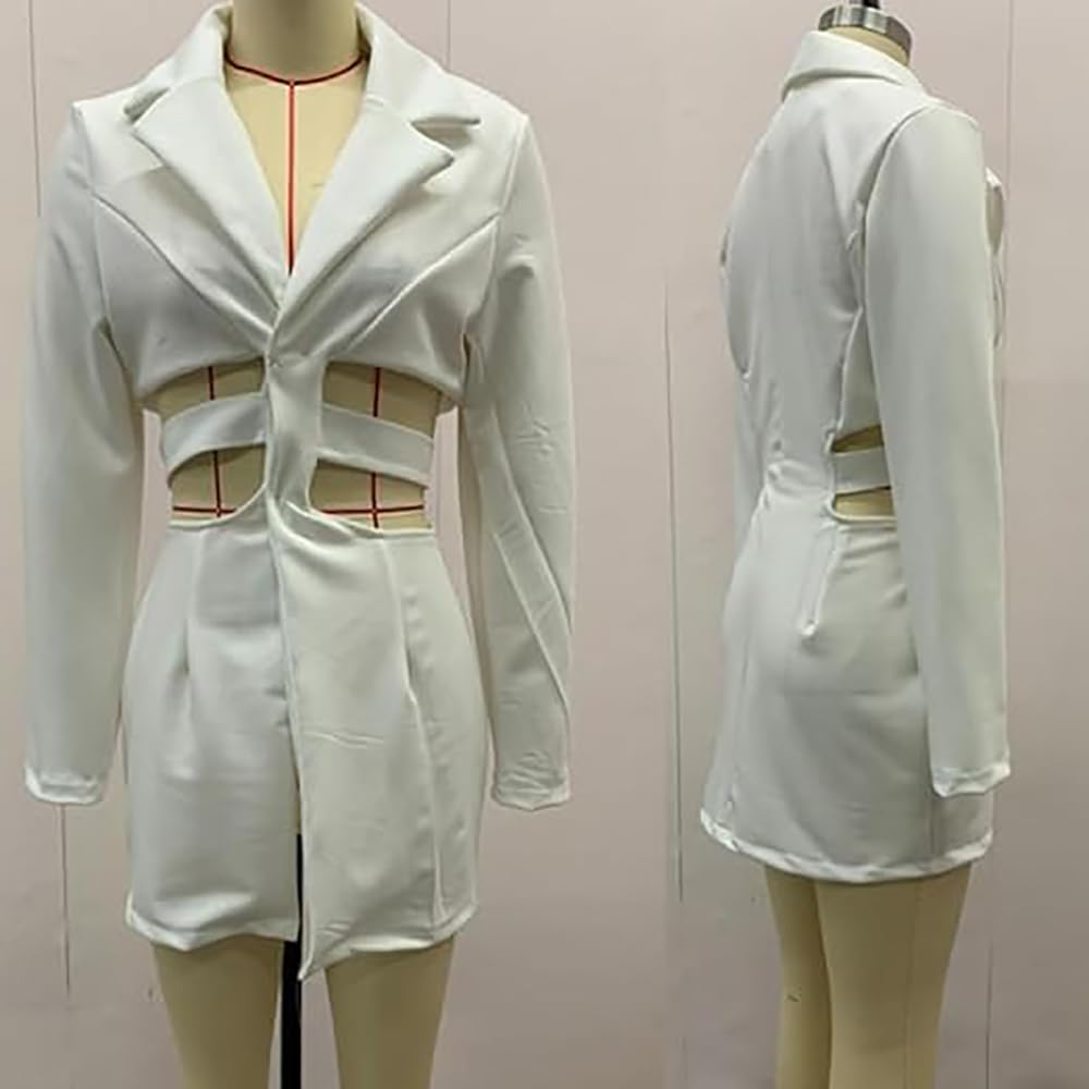 Vestido de Traje con Solapa Hueca, Elegante Minivestido Blazer de Verano para Mujer, Manga Larga, con Aberturas, Escote en V Profundo, Corte A, Sexy
