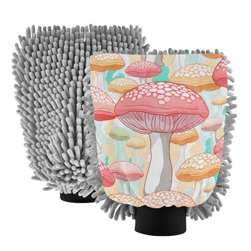 IOACIY Absorbent Microfiber Car Wash Drying Mitts, 2 Pack, Scratch-Free & Lint-Free, Rich Foam, Highly Absorbent, Double Sided, Wash Mitt Perfect for Car Washing, L, Cute Mushroom (4)