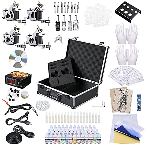 AW Professional Complete Tattoo Kit 4 Machine 40 Ink Gun Power Supply Grip Tip Foot Pedal Set Kit for Tattoo Artisis AW Professional Complete Tattoo Kit 4 Machine 40 Ink Gun Power Supply Grip Tip Foot Pedal Set Kit for Tattoo Artisis