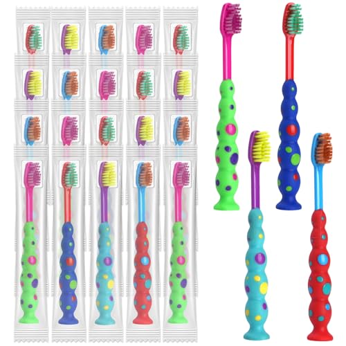 Akulgaci 100 Pack Kids Toothbrush Soft bristles Toddler Lovely Toothbrush with Suction Cup Bulk Includes Travel Covers Individually Wrapped Toothbrushes for Kid Home School Daycare Camp (Candy)