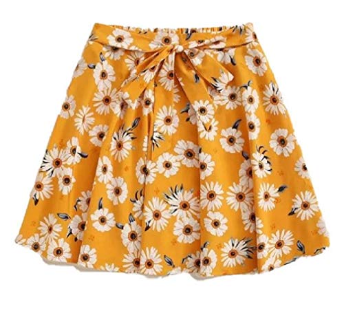 Jofemuho bermuda feminina plissada com estampa floral e cinto para praia, Amarelo, X-Small