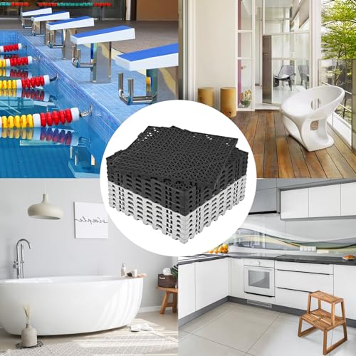 Image of ToLanbbt Modular Interlocking Cushion 12P 11.8 inch x11.8 inch Interlocking Rubber Floor Drain Holes Non-Slip Splicing Drainage Mats for Deck, Shower, Kitchen, Drain Pool, Indoor Outdoor (Grey Black)