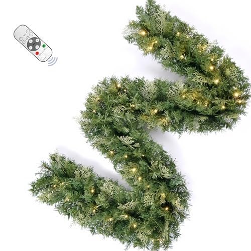 Christmas Garland with Dual Color 50 LED Lights 9 Ft, Prelit Xmas Garland with Cypress Leaf, Timer by Remote Control and Batteries Operated for Mantle Staircase Indoor and Outdoor