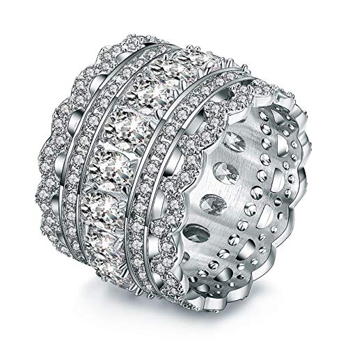 INRENG Vintage Style Princess Cubic Zirconia Wide Wedding Band Statement Cocktail Ring 18k White Gold Plated Jewelry New Year Engagement Size 7