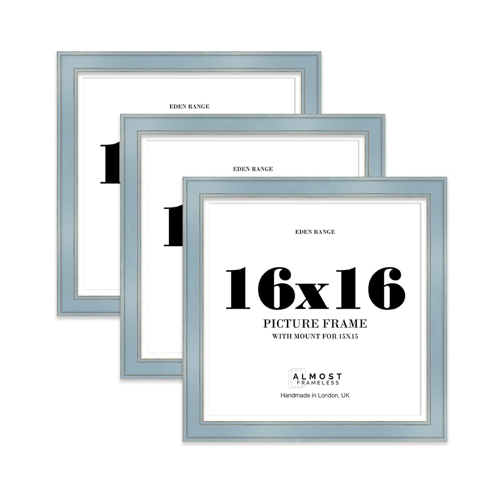 16x16" Cornflower Blue Square Picture Frame with 15x15" Mount - Shabby Chic Photo Frame with Distressed Finish, Gold Trim, Wall Hooks, 37mm Edge - 3 Pack