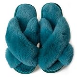 Enteer Women's Memory Foam Cross Band Fuzzy Slippers - Open Toe, Cozy House Comfort Turquoise US 7-8