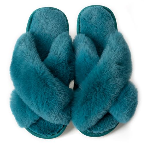 Image of Enteer Women's Slipper Memory Foam Cross Band Fuzzy Slippers Open Toe Cozy House Slippers Cozy Plush Bedroom Indoor Outdoor