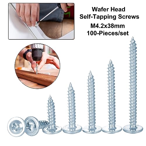 FandWay 100Pcs Wafer Head Self Tapping Screws,M4.2x38mm Wood Screws,Modified Truss Head Self Drilling Screw,Blue Zinc Coated Sheet Metal Screw for Aluminum WoodWork Plastics - Image 2