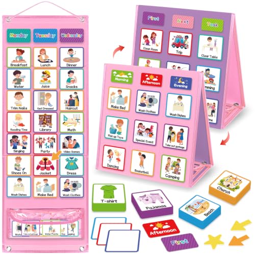 Tabla de rutina para niños y planificador semanal de doble cara con tarjetas visuales