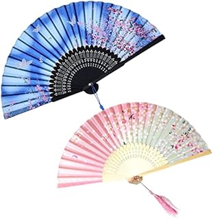 BEHAHAI 2 Pack Folding Fans,Handheld Bamboo Silk Fabric Folding Hand Fans with Tassel Wooden Chinese Japanese Style Hand Fans Folding Hand Held Fans for Women Wedding Party Wall Decoration