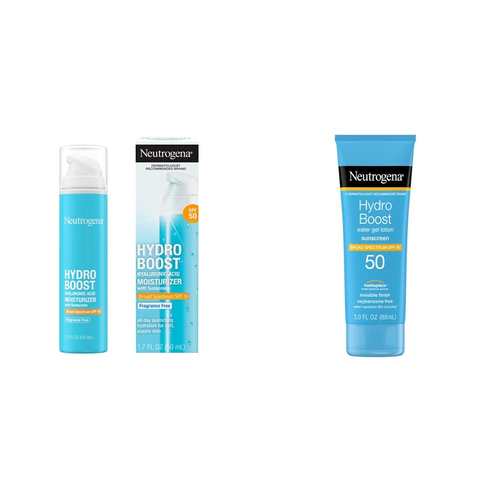 Neutrogena Hydro Boost Water Gel Non-Greasy Moisturizing Sunscreen Lotion with Broad Spectrum SPF 50, Water-Resistant, 3 fl.Oz and Hyaluronic Acid Facial Moisturizer, Fragrance-Free, 1.7 fl. Oz