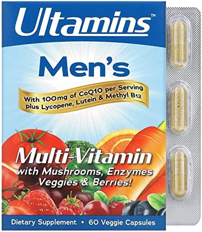 UltaMins, Men's Multi-Vitamin with CoQ10, Mushrooms, Enzymes, Veggies & Berries, 60 Veggie Capsules