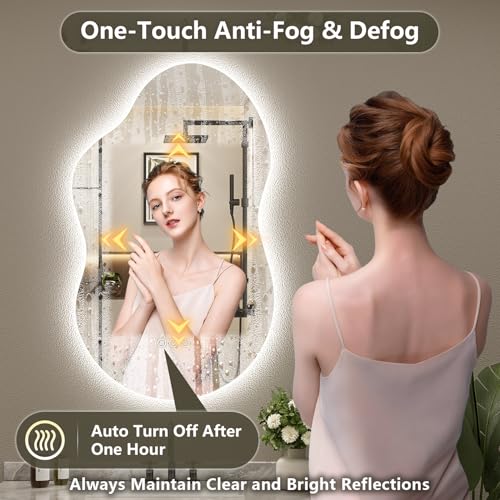 Image of 60x32 Inch Asymmetrical LED Bathroom Mirror with Lights, Backlit, Anti-Fog, Irregular Cloud Lighted Bathroom Vanity Mirror for Wall, Dimmable, 3 Colors, Memory, HD Tempered Glass