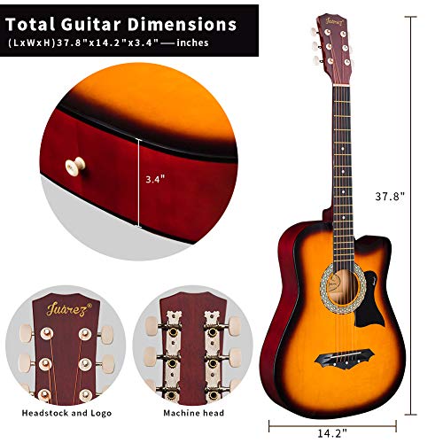 Image of JUAREZ 96.52 cm (38 Inch) Acoustic Guitar with Dual Action Truss Rod, JRZ38C-CTR-3TS Bag, Picks, Allen Key, Extra String Set, 3TS Sunburst