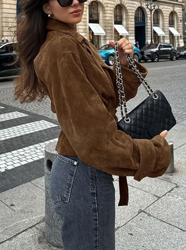 CHARTOU Faux Suede Leather Jacket 2025 Vintage Casual Cropped Wrap Coat with Belt3