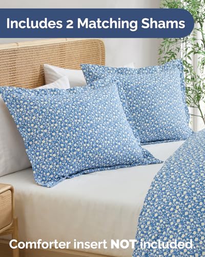 Image of Duvet Cover Full Size Set - Extra Soft Floral Duvet Cover 80 x 90 with 2 Pillow Shams - Comfy, Breathable Floral Bedding Set - Hotel Luxury Easy-Care & Fade Free, Zipper Closures & Ties - Bluefield