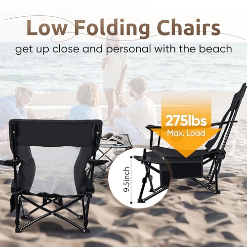 Image of HaSteeL Folding Beach Chair Set of 3, Foldable Black Camping Chairs & Grey Table for Outside, Low Beach Chair Portable for Adults Fishing, Picnic, Outdoor BBQ, Cup Holder & Storage Bag
