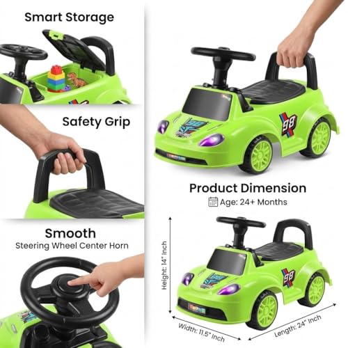 Image of Kids Ride On Green Car for Toddlers with Steering Wheel & Backrest | Foot to Floor Baby Push Car | Indoor Outdoor | Strong Wheels & Comfortable Seat | Racing Design for Boys & Girls (1-3 Years)