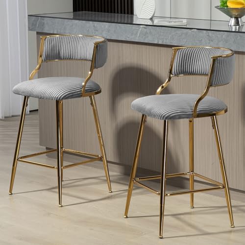 Butacos de Terciopelo Modernos para Isla de Cocina, Set de 2 Sillas Tapizadas con Espaldar y Patas Doradas, Color Gris, para Bar, Pub o Club miniatura 1