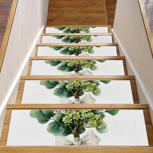 15 peldaños antideslizantes, eucalipto gypsophila y salvado de pistacho para peldaños de madera en interiores, alfombras de escalera lavables y reutilizables adhesivas para niños y perros, 8 x 30