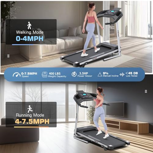 Image of Incline Treadmill Foldable, Smart Portable Treadmills for Home with Body Fat Measurement & Heart Rate Sensor, 3.5HP Heavy Duty Folding Treadmill 400 LB Capacity with Silent Shock Absorption