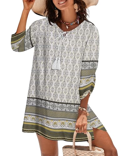 Image of Zeagoo Womens Boho Dresses Casual Beach Summer Dress Tassel Tie Neck 3 /4 Long Sleeve Mini Sundress 2026 Floral Print Cover Up