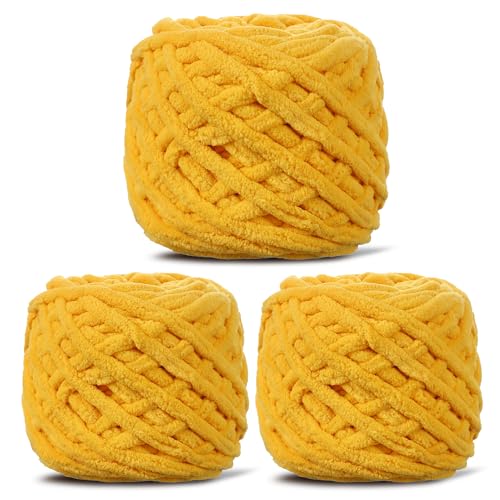 Image of 3 Pack Plush Chenille Chunky Yarn for Crocheting 100g(54.6yd) - Bulky Thick Fluffy Yarn for Knitting- Soft Velvet for Baby, Blanket Knitting Blanket Yarns- Amigurumi Yarns (3-Yellow)