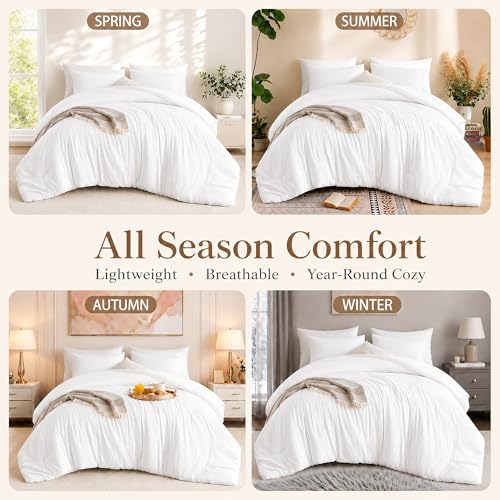 Image of weigelia Queen Comforter Set White Comforter Boho Solid Color Bedding for All Season Soft Lightweight Microfiber 3PCS Reversible Comforter Set (1 Comforter, 2 Pillowcases)
