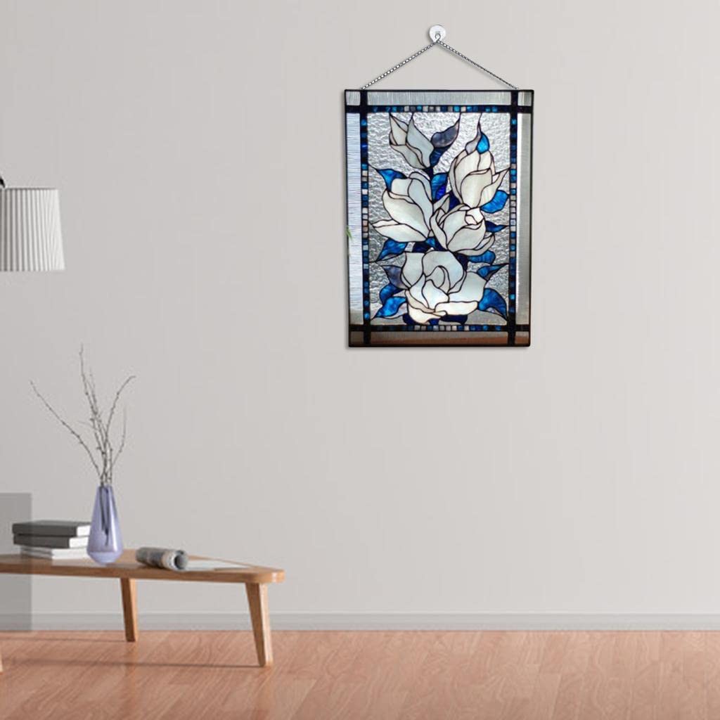 LYLA Stained Glass Rectangle Window Panel Suncatcher Wall Decor White Flowers-image-39