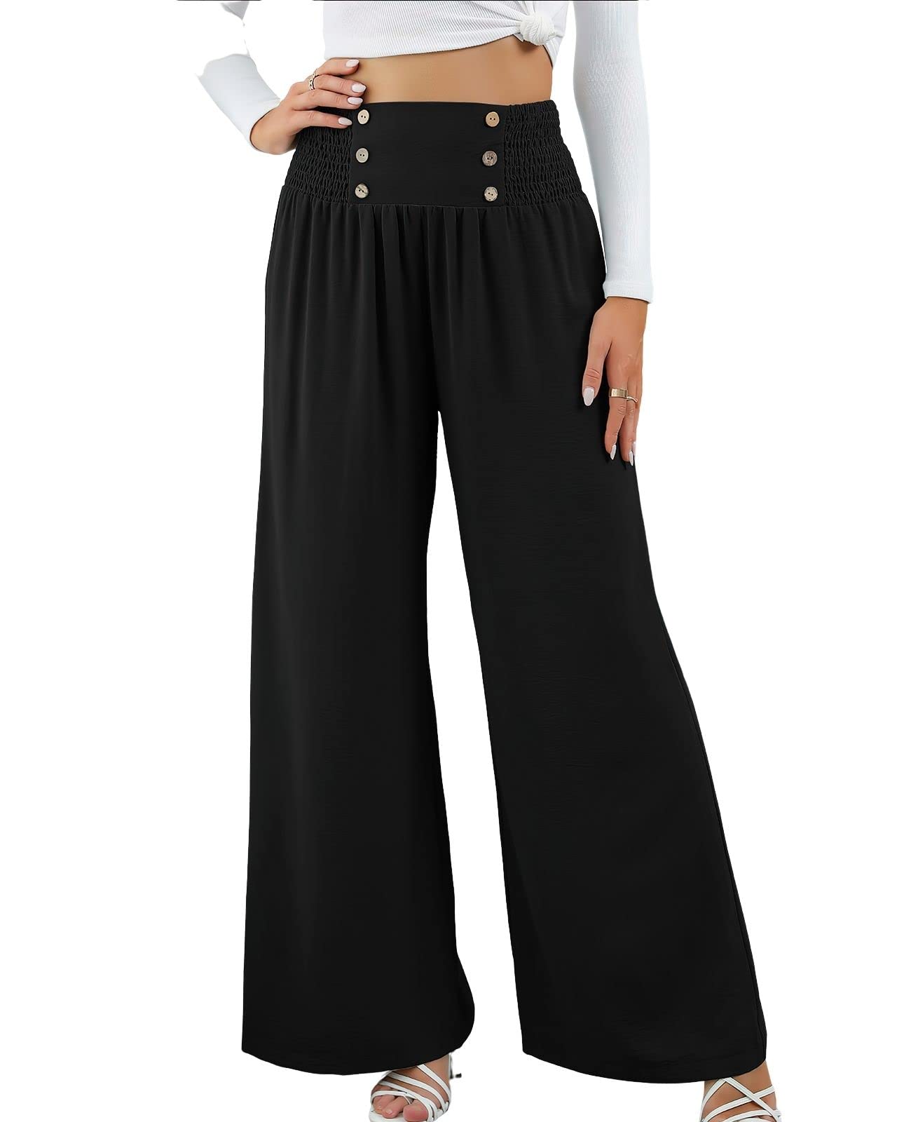 sysinside Womens Casual Wide Leg Pants Smocked High Waist Chic Button Decoration Palazzo Lounge Trousers