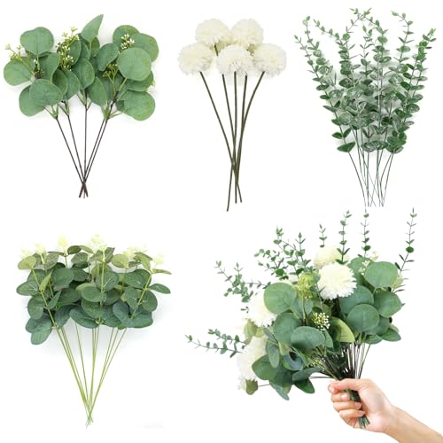 YunJoyous Eucalyptus Stems and Hydrangea Flowers 30 Pcs Faux Eucalyptu Leaves Reusable and Easy to Care Mixed Eucalyptus Artificial Flowers for Wedding Garden Home Flower Arrangement