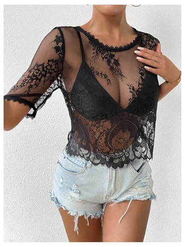 SOLY HUX Women's Sheer Mesh Crop Top Lace Short Sleeve Crew Neck See Through Tshirts Summer Outfits4