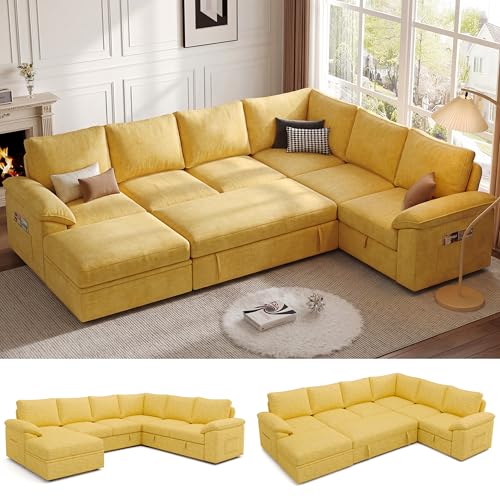 Image of 108 Inch Modular Sectional Sofa with Pull Out Bed,U Shaped 7 Seat Sectional Sleeper Sofa with Storage,Sectional Couches for Living Room,Cloud Modular Couch,Removable Sofa Cover,Yellow