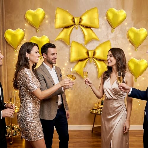 Image of 12 Pcs 18 Inch Heart Balloons and 38 Inch Bow Balloons, Large Foil Bow Heart Balloon Bow Party Decorations for Birthday Baby Shower Valentines Wedding Party