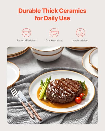 Image of VEVOR Dinnerware Set, Service for 6 (18 PCS), Round Plates and Bowls Sets, Scratch Resistant Ceramic Dinner Ware, Dishwasher and Microwave Suitable Kitchen Dish, for Dessert Salad Soup Pasta, White
